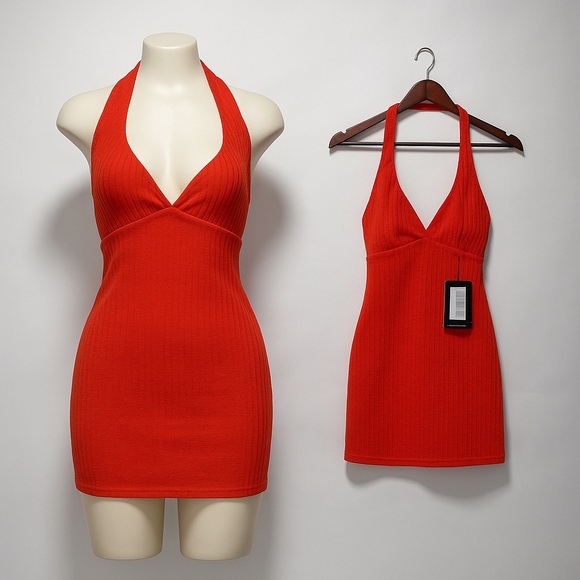 Shape Orange Soft Rib Wrap Halterneck Bodycon Dress - Picture 1 of 4